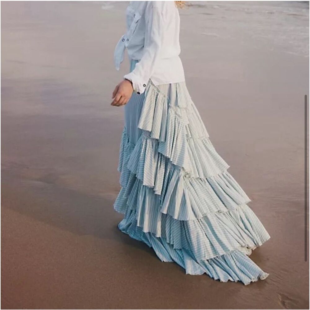 Free People Maxi Skirt Womens Medium Blue White Pinstripe Ruffle Rock The Runway